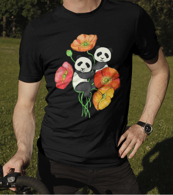 Poppies And Pandas Surrounded By Colorful Blooms T-Shirt
