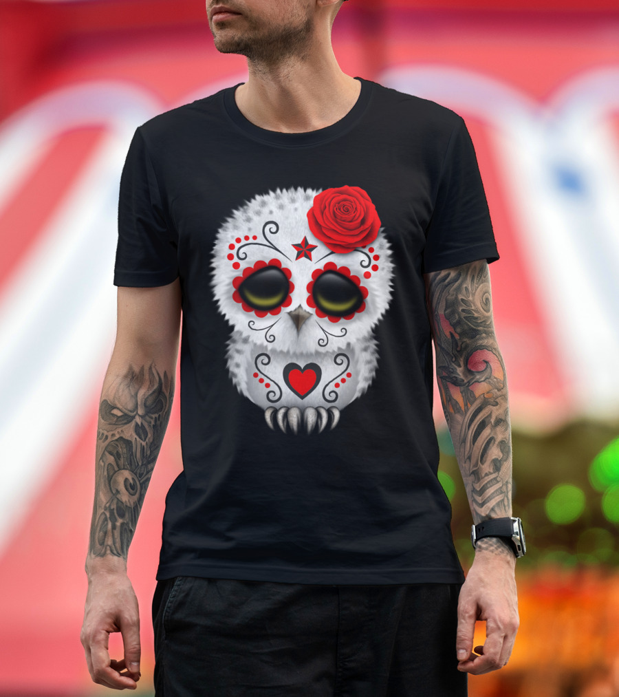 Adorable Red Day Of The Dead Owl with Sugar Skull Design and Heart Motif T-Shirt