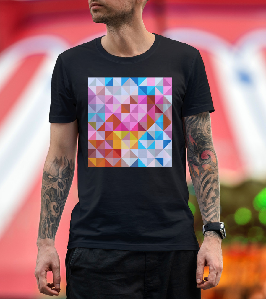 Red Triangular Mesh Pattern Colorful Geometric Squares T-Shirt