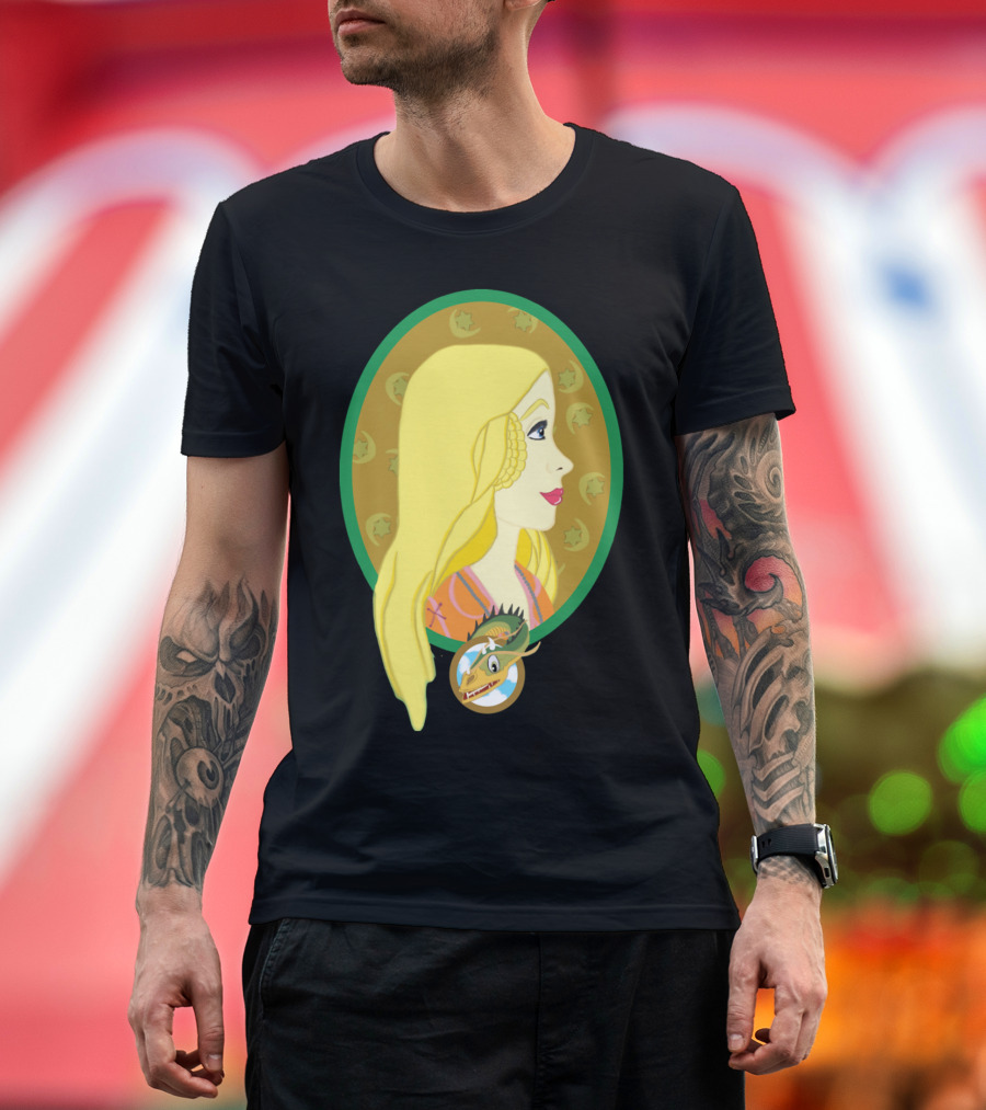 Melisande Of Dragons Fantasy Illustration With Blonde Woman And Green Dragon Motif T-Shirt