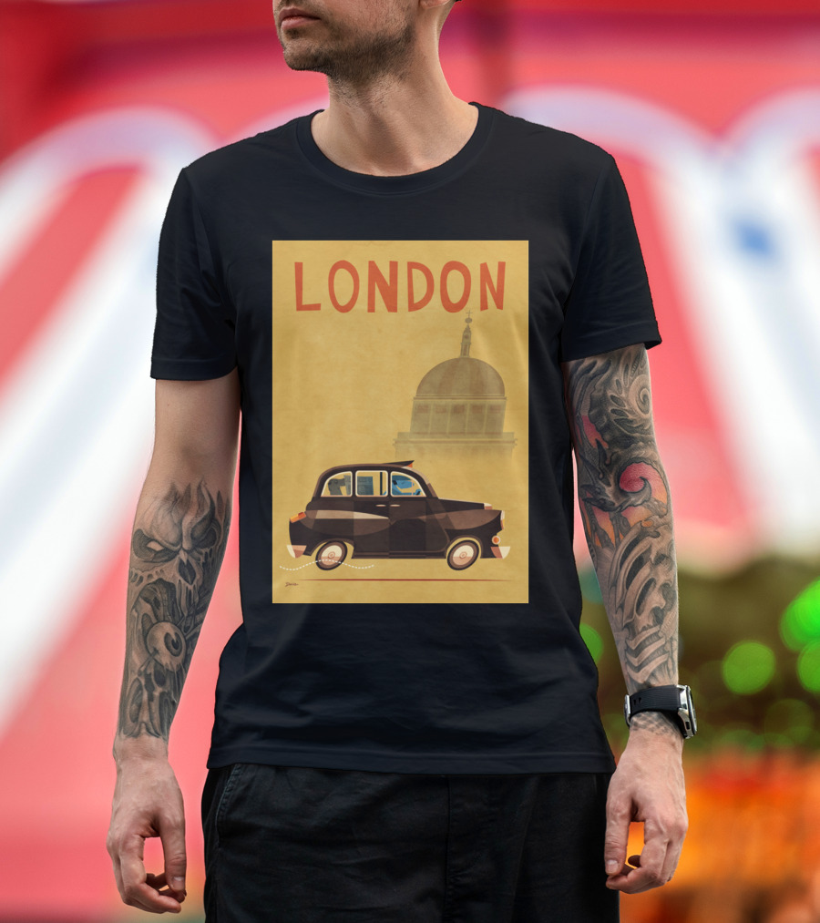 London Classic Black Cab with Iconic Architecture in Background T-Shirt