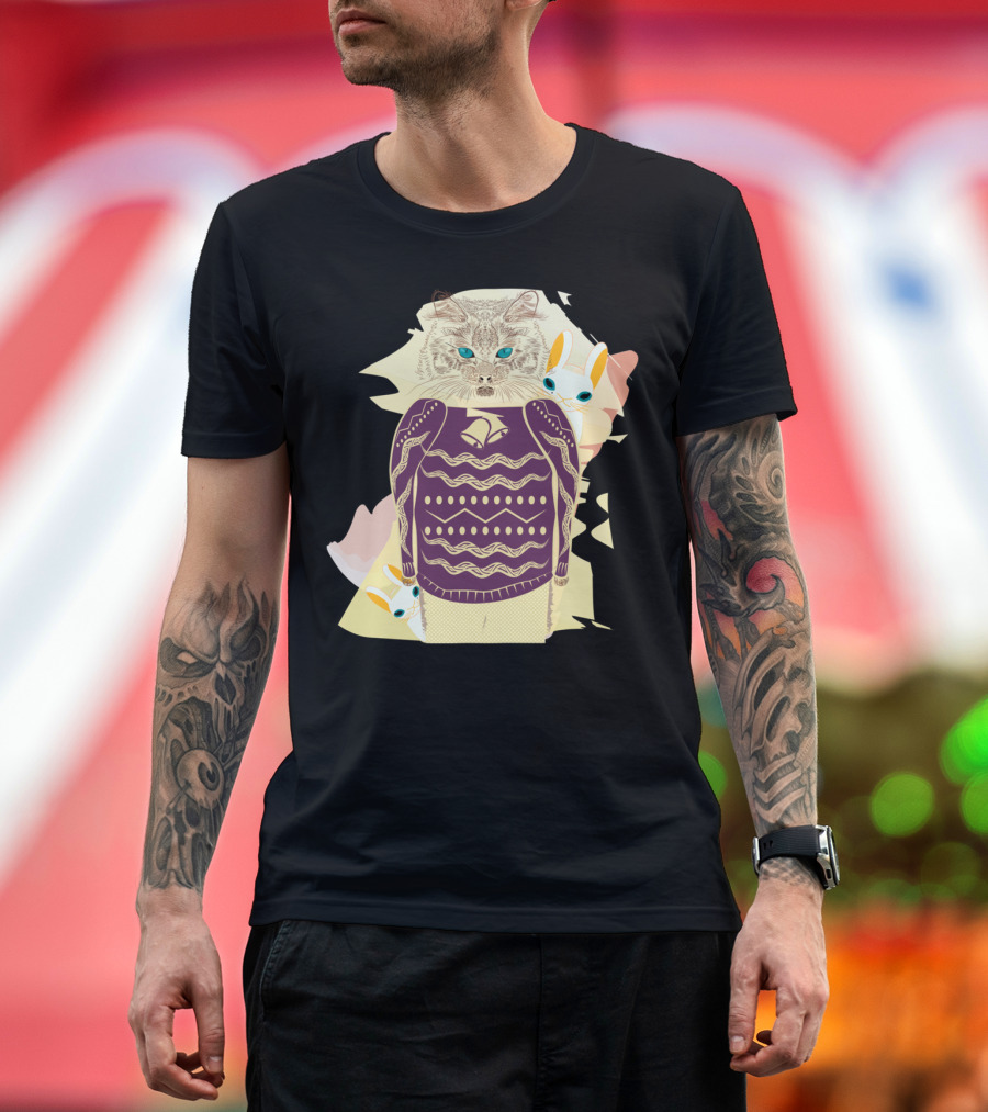 Winter Cat in Cozy Sweater with Bunny Friends T-Shirt