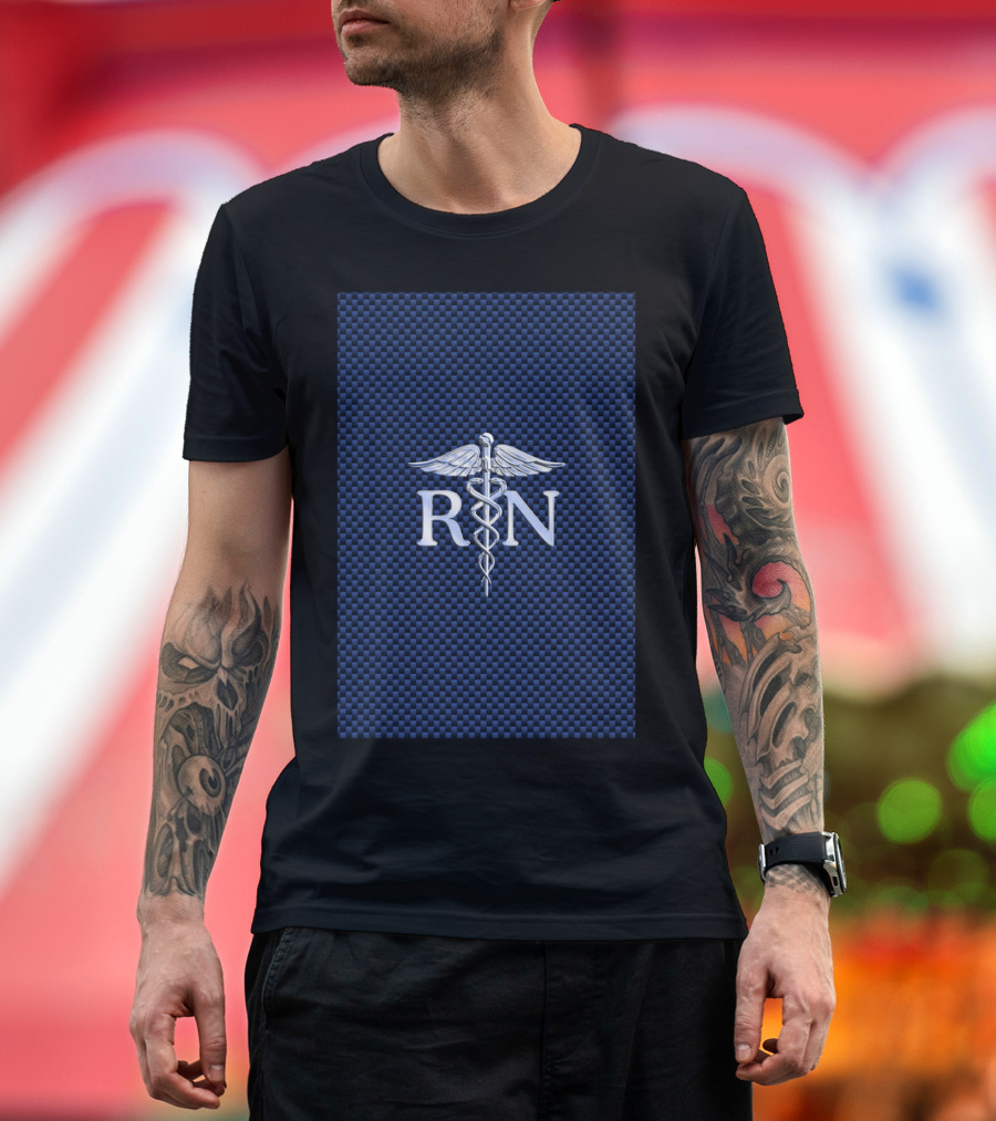 RN Caduceus Chrome Icon on Dark Blue Checkered Background T-Shirt