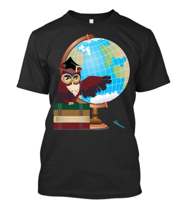 Owl Perched On Books With Mortarboard And Globe T-Shirt