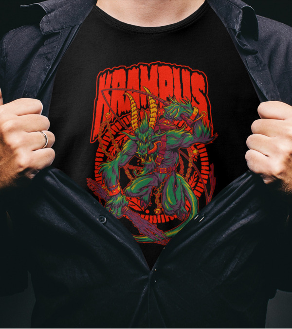 KREEPING KRAMPUS FIERY MYTHICAL DEMON WITH HOOVES AND CHAINS T-Shirt