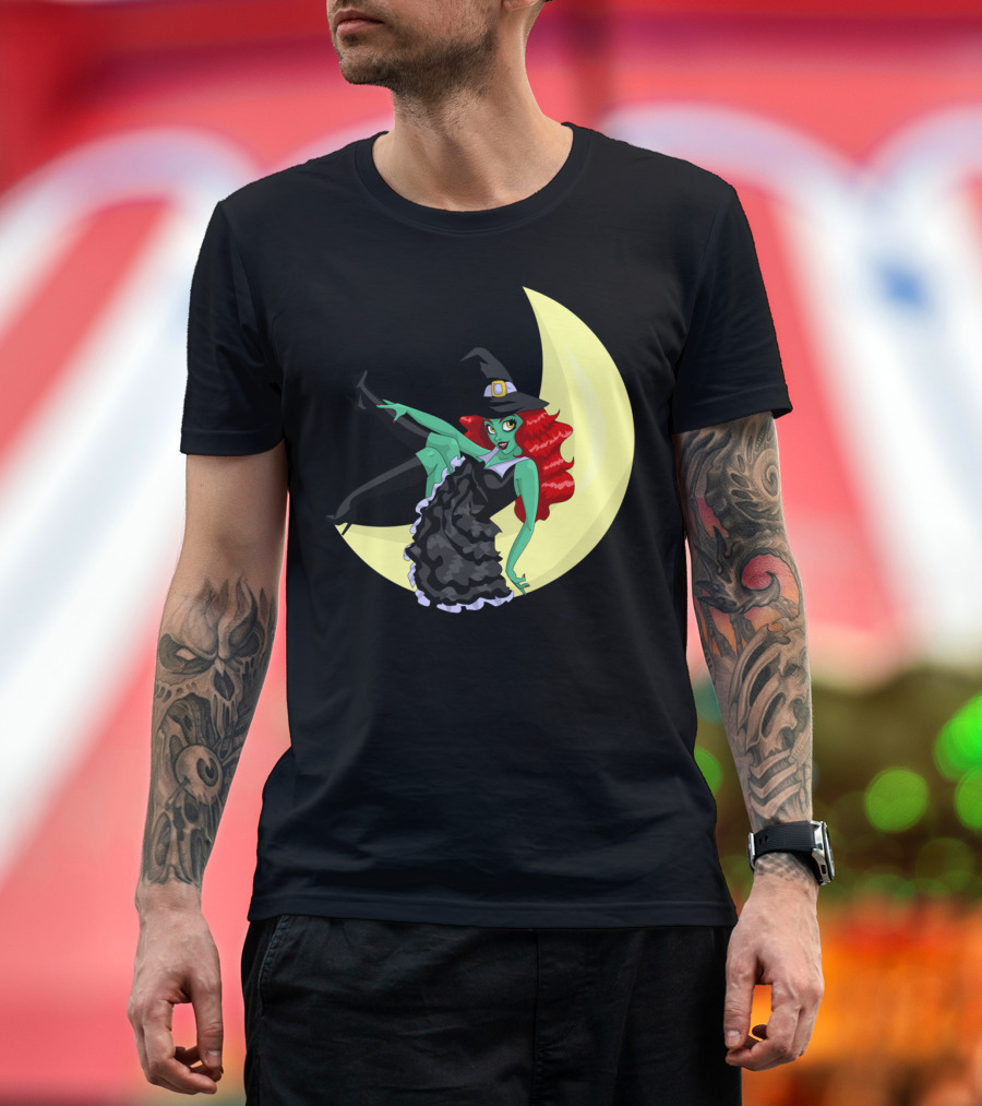 Witchful Thinking Green Witch on Crescent Moon T-Shirt