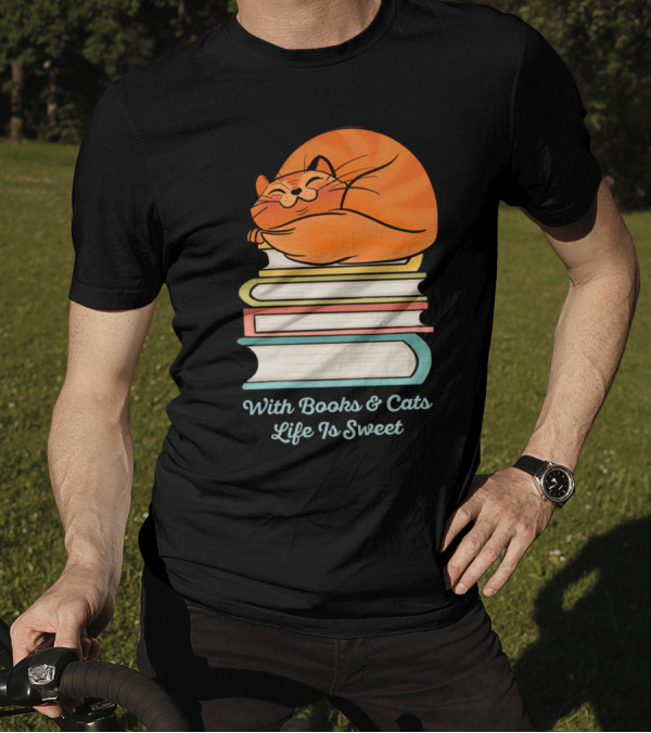 With Books And Cats Life Is Sweet Cozy Orange Cat On Stacked Books T-Shirt