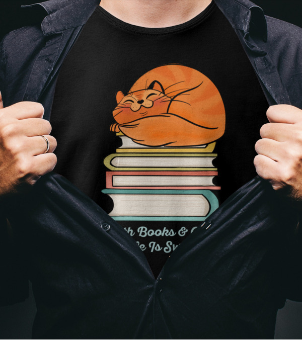 With Books And Cats Life Is Sweet Cozy Orange Cat On Stacked Books T-Shirt