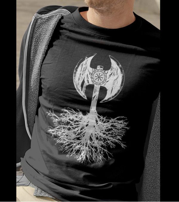 Shield Breaker Frost And Shadow Nordic Axe With Tree Roots T-Shirt