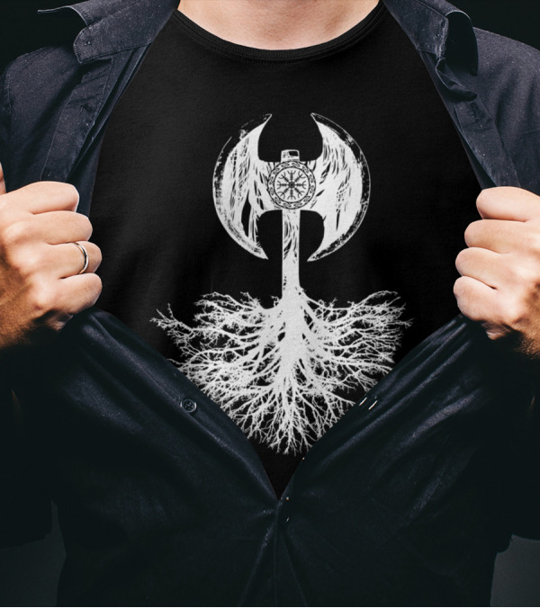 Shield Breaker Frost And Shadow Nordic Axe With Tree Roots T-Shirt