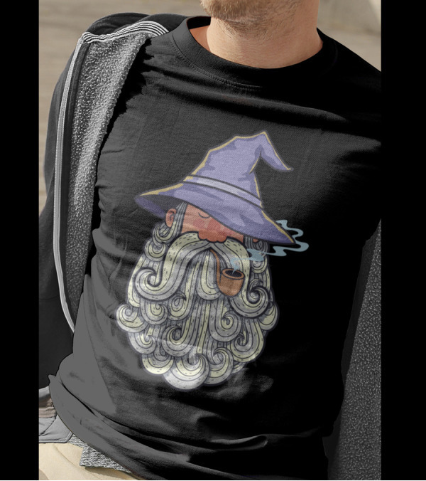Wizard Smoking Pipe With Purple Hat And Flowing Beard T-Shirt