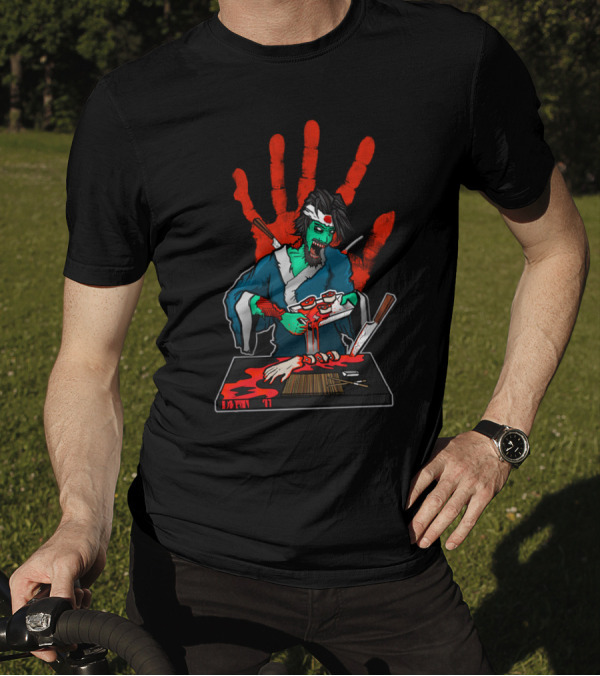 Sushi Zombie Chef Crani With Samurai Sword And Bloody Handprint T-Shirt