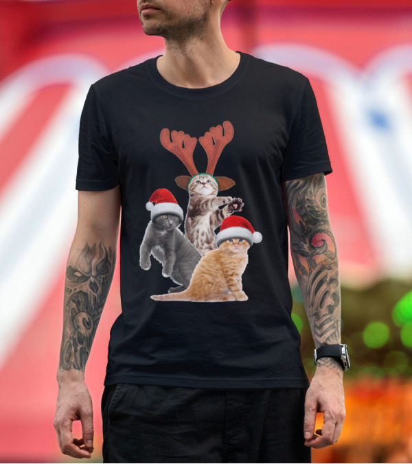Premium T-Shirt: Merry Catsmas Santa Hats Reindeer Antlers Kittens T-Shirt Merry Catsmas Santa Hats Reindeer Antlers Kittens T-Shirt