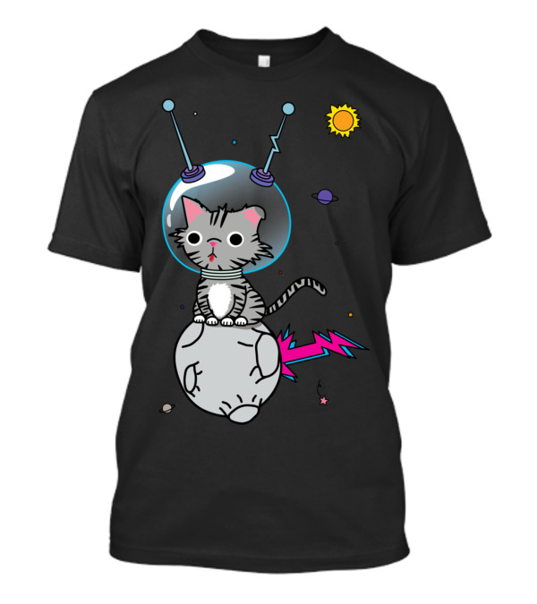 Mr. Space Cat Cosmic Adventure With Planet And Lightning Tail T-Shirt