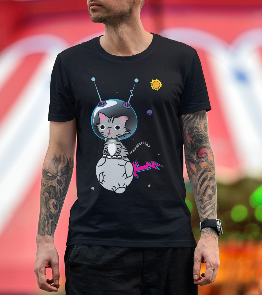Mr. Space Cat Cosmic Adventure with Planet and Lightning Tail T-Shirt