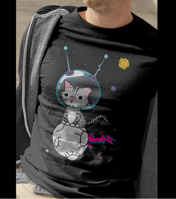 Mr. Space Cat Cosmic Adventure With Planet And Lightning Tail T-Shirt