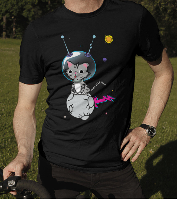 Mr. Space Cat Cosmic Adventure With Planet And Lightning Tail T-Shirt