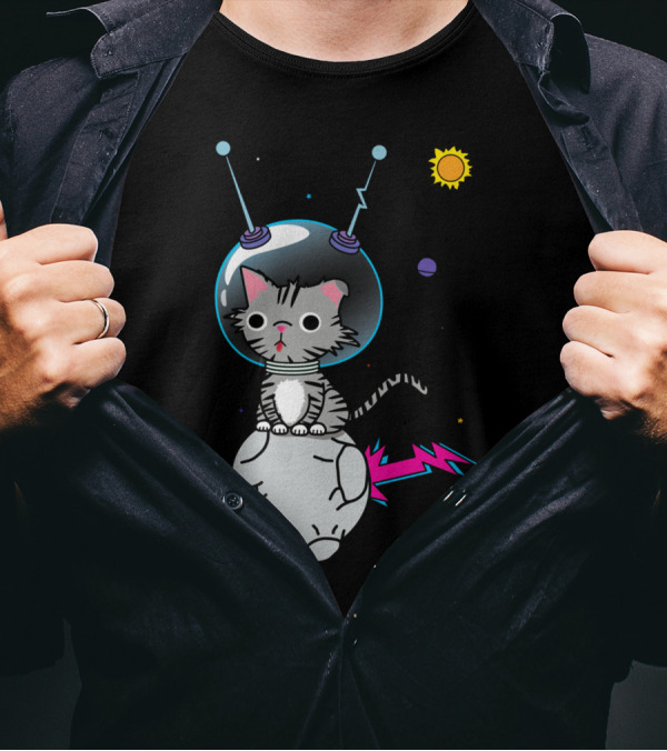 Mr. Space Cat Cosmic Adventure With Planet And Lightning Tail T-Shirt