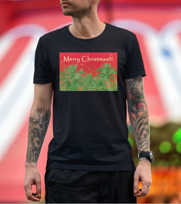 Premium T-Shirt: Merry Christmas Palm Trees Festive Red and Green Holiday Scene T-Shirt Merry Christmas Palm Trees Festive Red and Green Holiday Scene T-Shirt