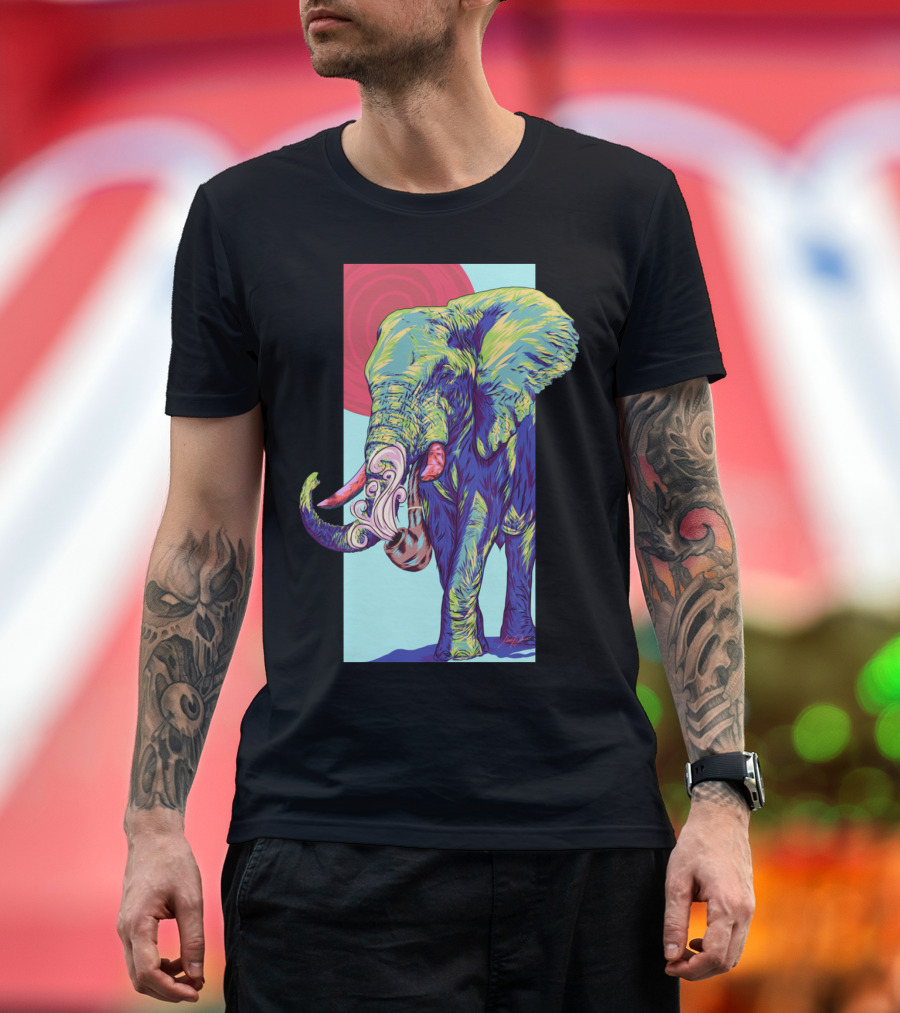Pachyderm Vibrant Elephant Art with Psychedelic Colors and Abstract Sun T-Shirt