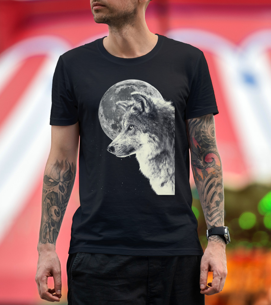 Wolf and Full Moon Night Sky Mystical T-Shirt