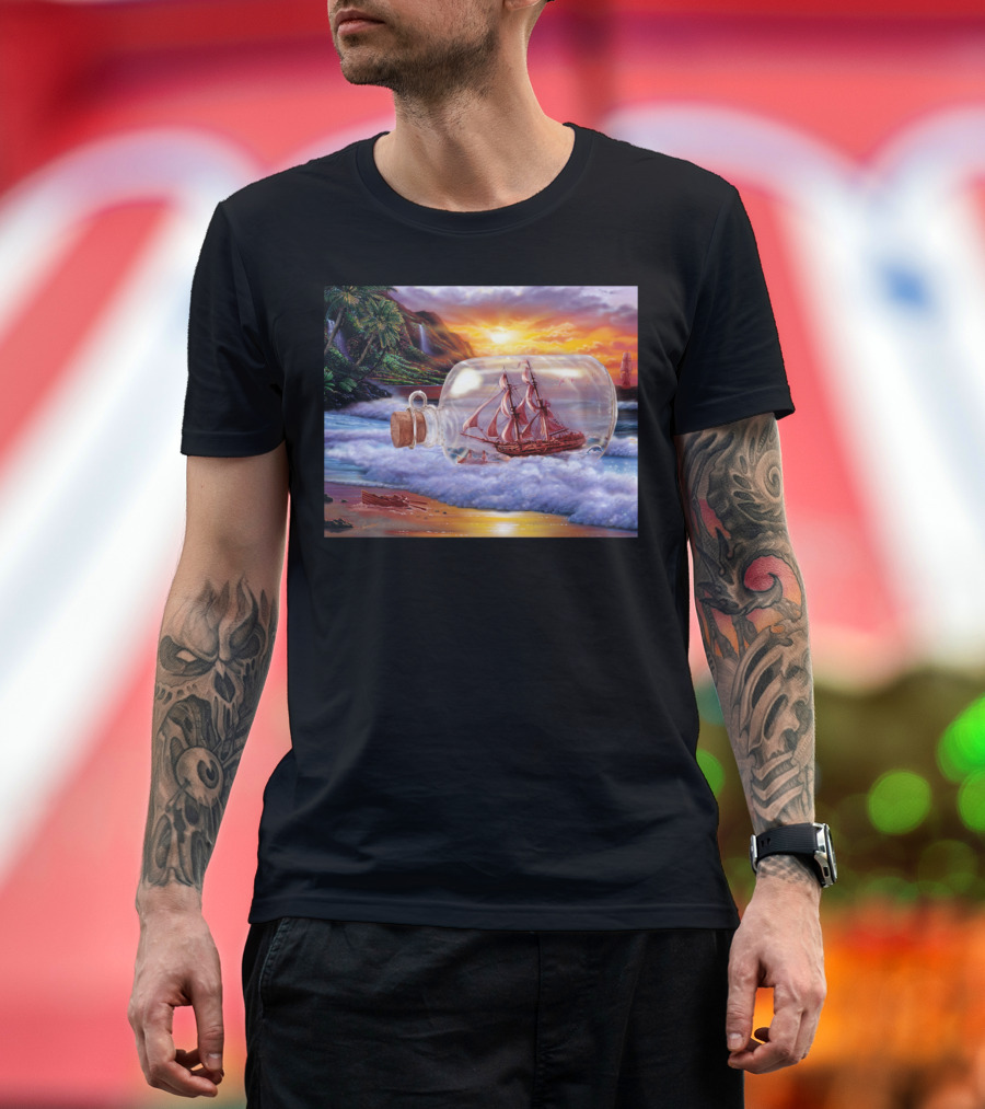 Ship in a Bottle Ocean Sunset Scene T-Shirt
