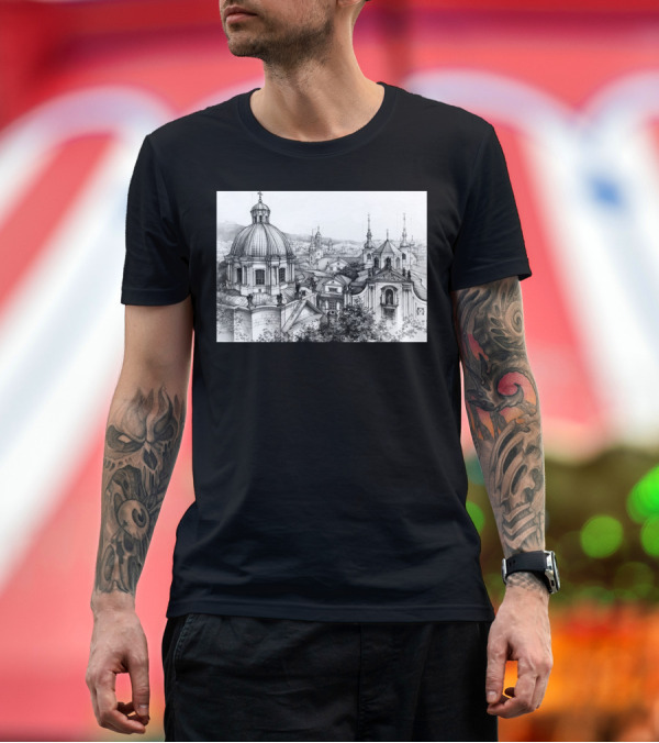 Premium T-Shirt: Prague Rooftop Sketch with Historic Architecture View T-Shirt Prague Rooftop Sketch with Historic Architecture View T-Shirt