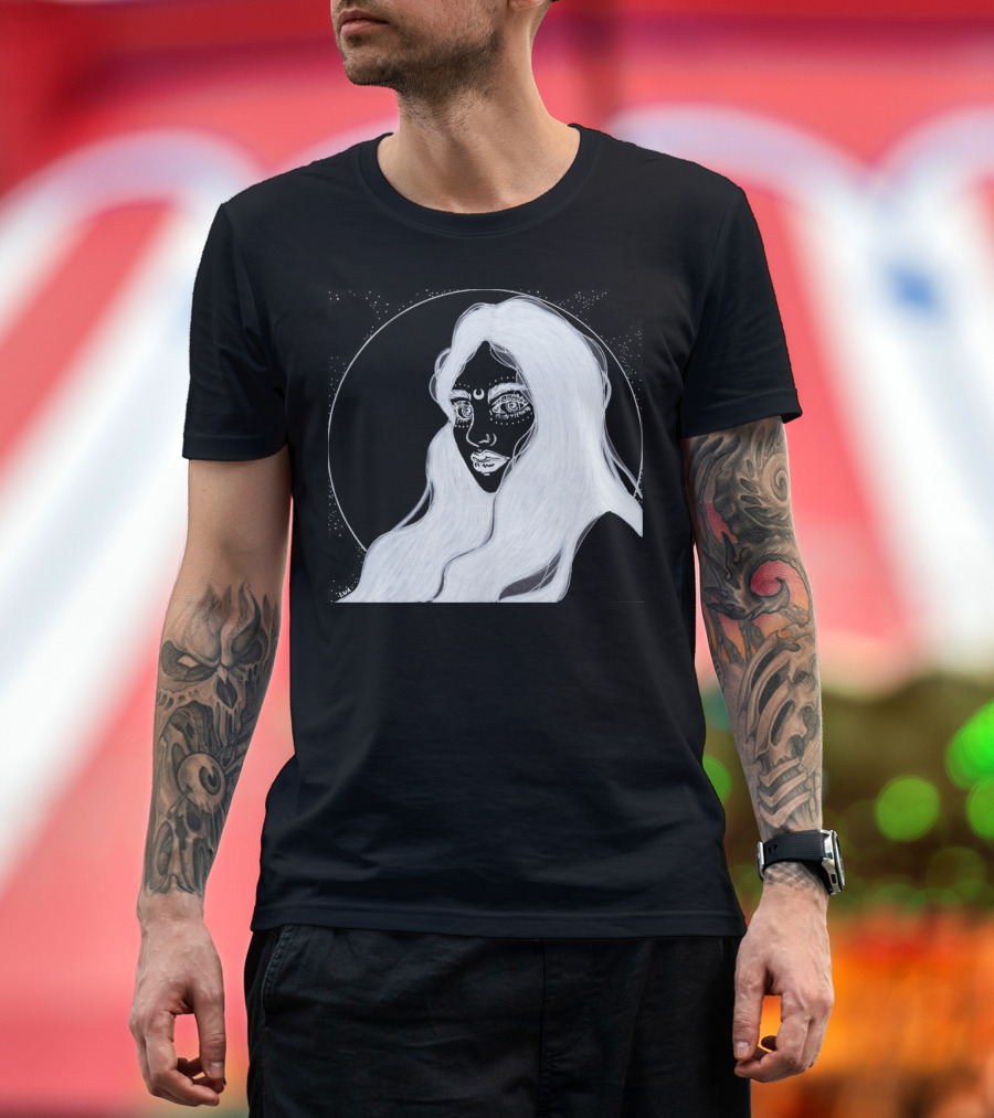 In The Name Of The New Moon Dark Ethereal Portrait with Cosmic Hair and Third Eye Halo T-Shirt
