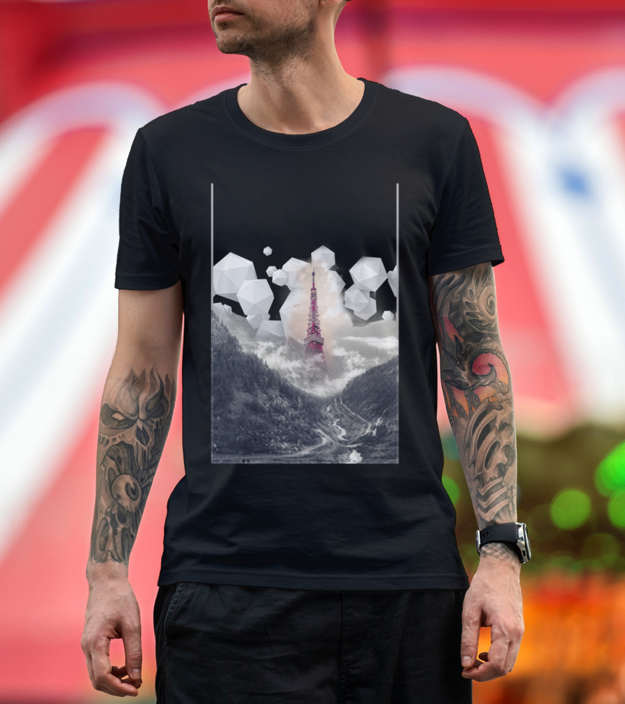 Tokyo Tower with Geometric Shapes and Mountain Scene T-Shirt
