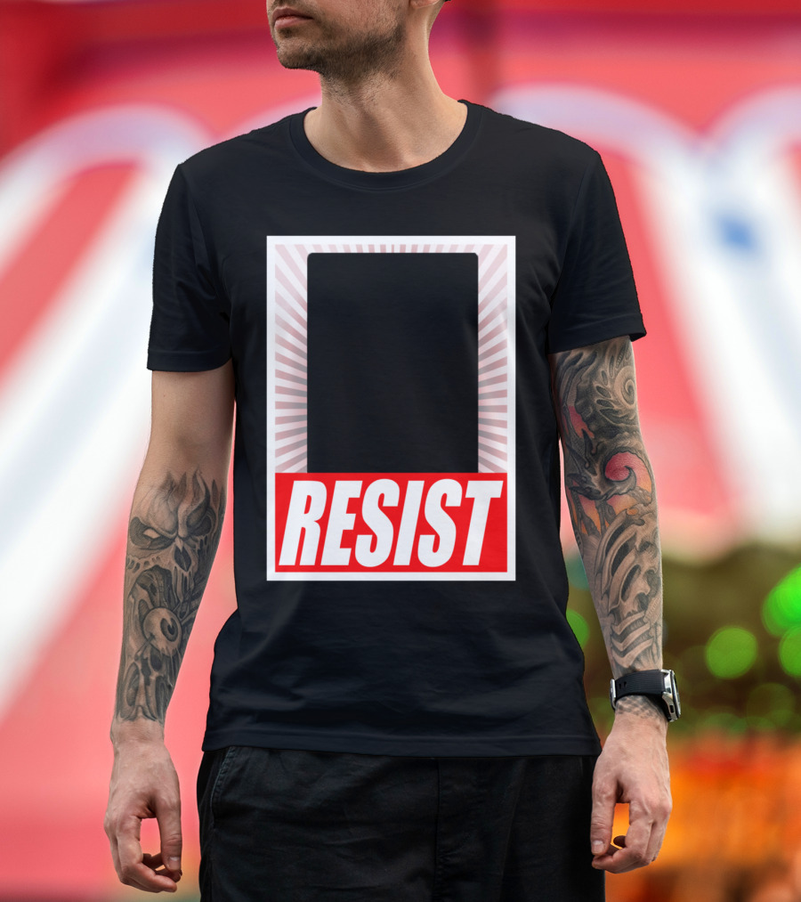 RESIST Red and White Bold Text with Sunburst Border T-Shirt