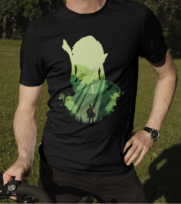 Legendary Hero's Quest With Iconic Sword In Mysterious Forest Light T-Shirt