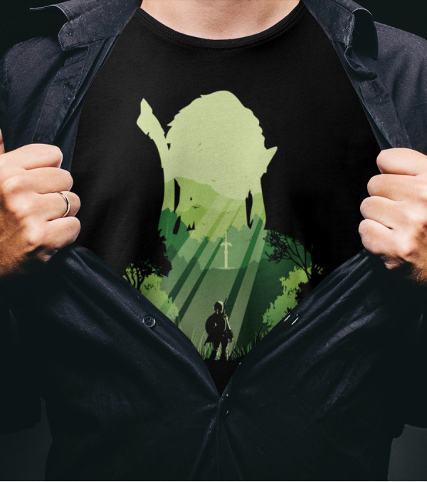 Legendary Hero's Quest With Iconic Sword In Mysterious Forest Light T-Shirt