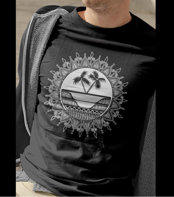 Palm Trees And Waves Mandala Design With Tropical Ocean Scene T-Shirt