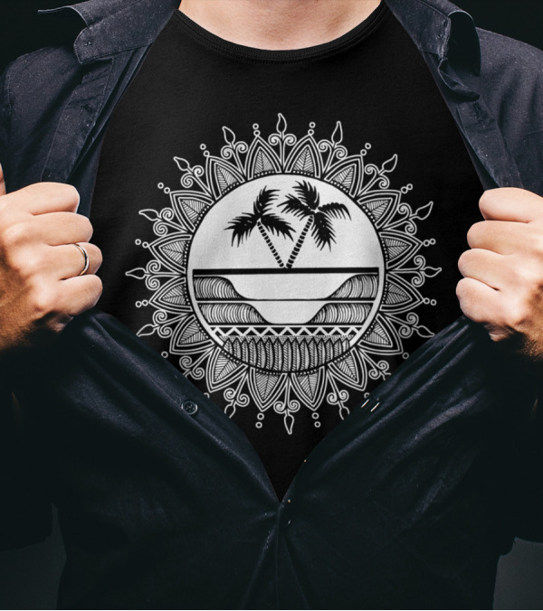 Palm Trees And Waves Mandala Design With Tropical Ocean Scene T-Shirt