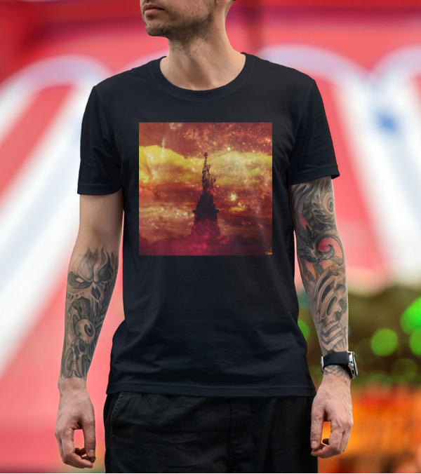 Premium T-Shirt: Lady Liberty Red and Yellow Starry Sky T-Shirt Lady Liberty Red and Yellow Starry Sky T-Shirt