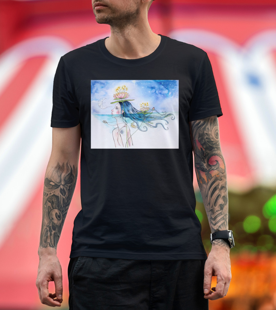 Lady of the Lake Celestial Night Blooms and Crescent Moon T-Shirt