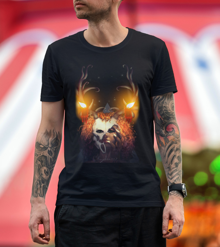 Lagahoo Girl Antlered Mask with Glowing Candles and Red Hair T-Shirt