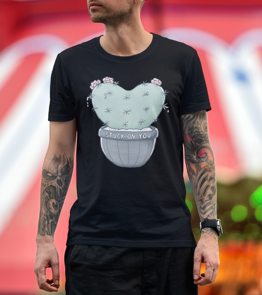 Stuck on You Love Hurts Cactus Heart in Pot with Roses T-Shirt