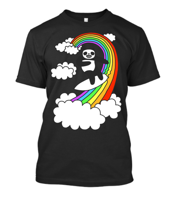 Pandas Surf Rainbows Through Colorful Clouds And Smiling Skies T-Shirt