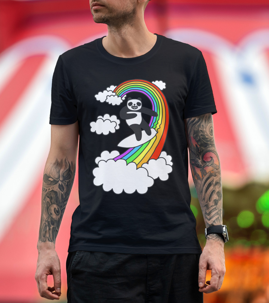 Pandas Surf Rainbows through Colorful Clouds and Smiling Skies T-Shirt