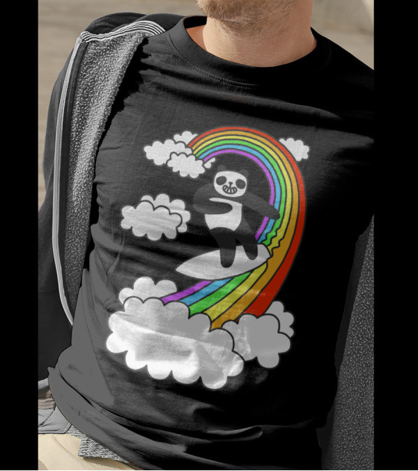 Pandas Surf Rainbows Through Colorful Clouds And Smiling Skies T-Shirt