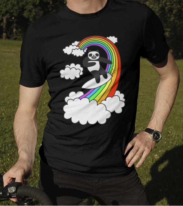 Pandas Surf Rainbows Through Colorful Clouds And Smiling Skies T-Shirt