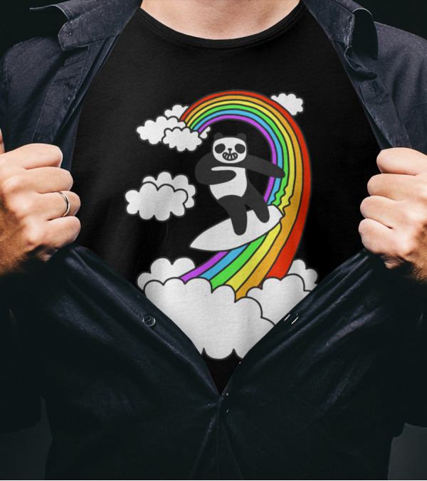 Pandas Surf Rainbows Through Colorful Clouds And Smiling Skies T-Shirt