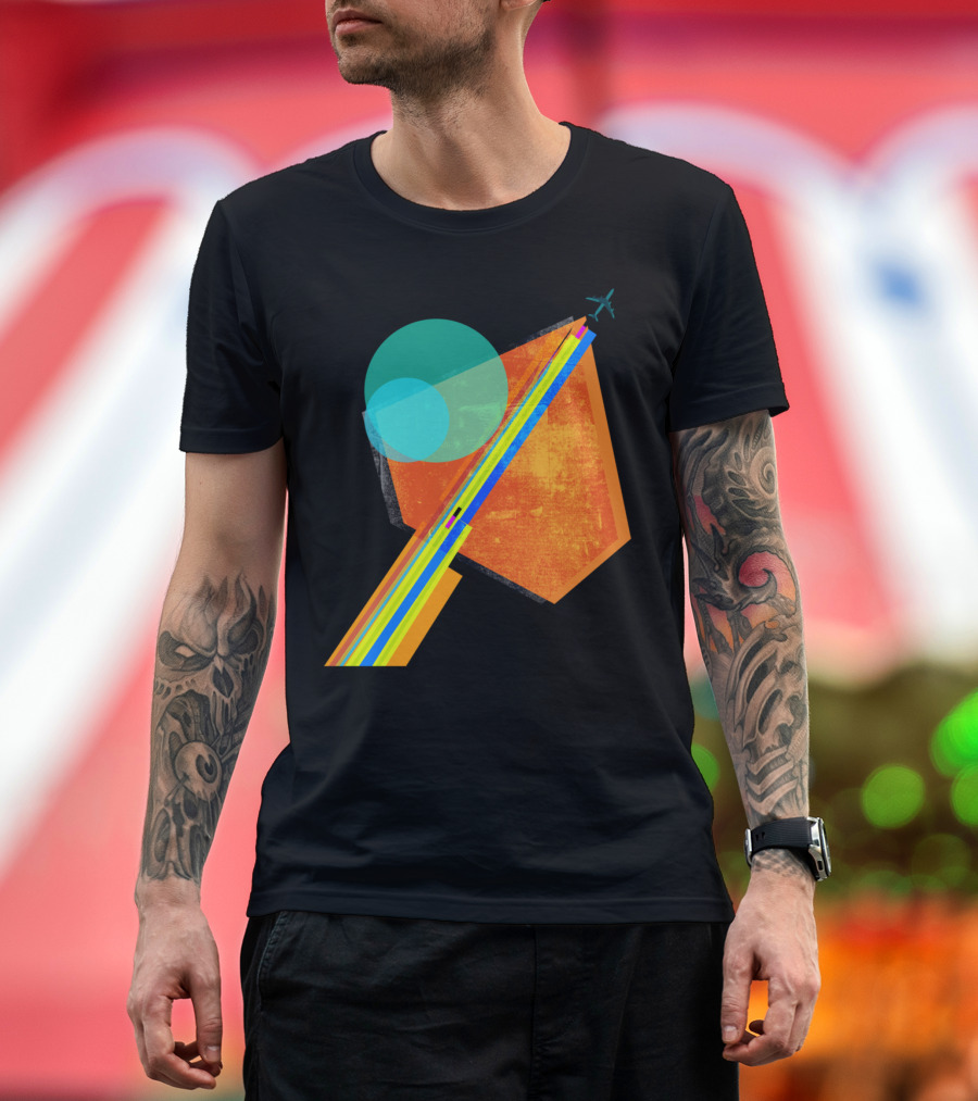 Landing Abstract Geometric Airplane and Colorful Lines T-Shirt