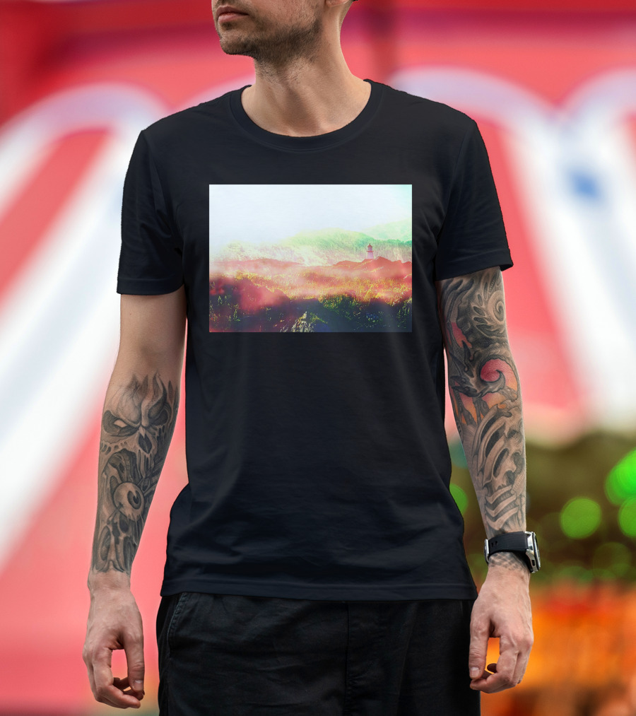 Lands Of Fire Enchanted Landscape with Lighthouse in Misty Mountains T-Shirt