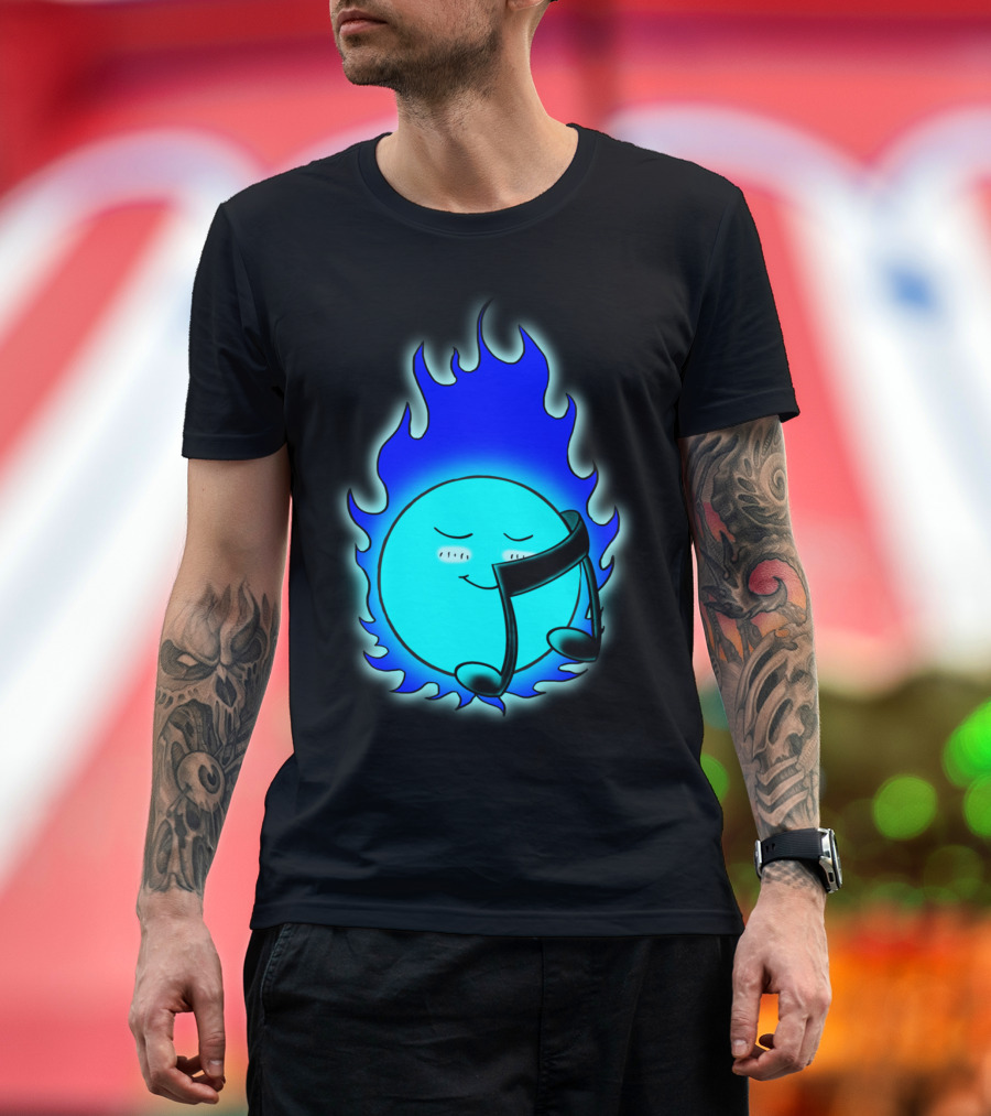 Flaming Blue Music Note Embracing Smiling Globe T-Shirt