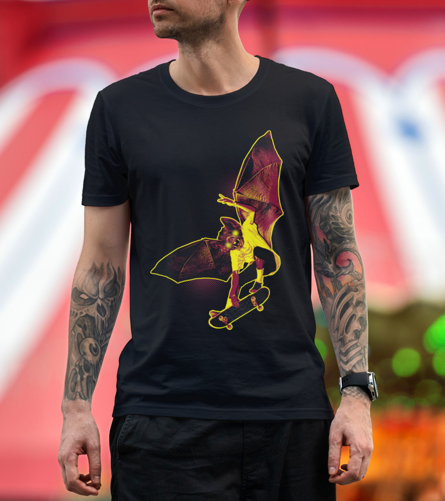 Skateboarding Bat Creature with Outstretched Wings T-Shirt