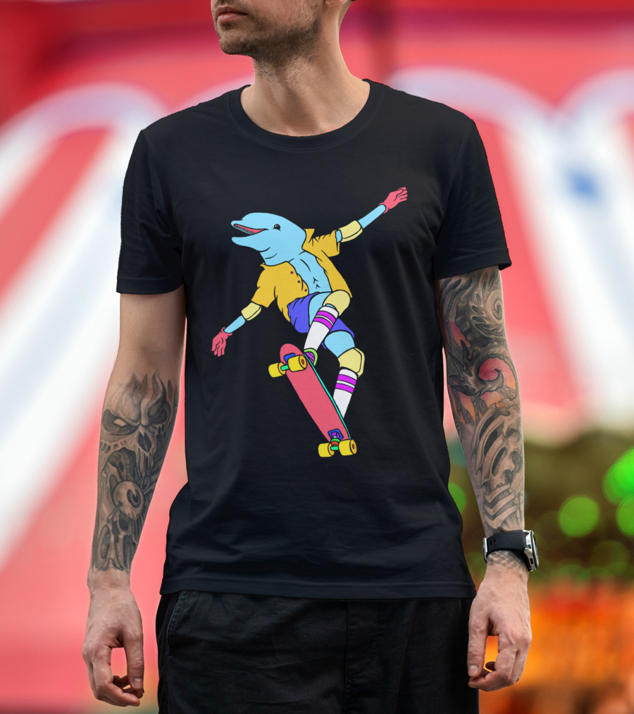 Skateboarding Dolphin in Retro T-Shirt