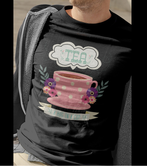 Tea Floral Polka Dot Cup With Flowers And A Hug In A Cup Banner T-Shirt