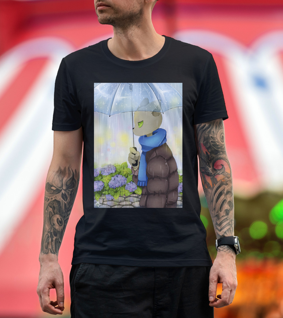 Teacher Cat Holding Umbrella in Rain with Blue Scarf and Flowers T-Shirt
